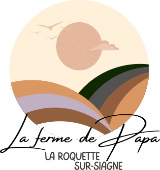 Logo "La ferme de Papa, La Roquette sur-Siagne". Paysage stylisé, soleil pastel sur champs agricoles aux teintes terre.