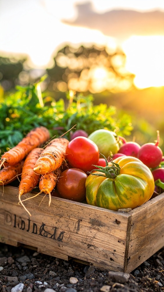 Légumes bio frais : Récolte du potager au soleil couchant Récolte de légumes bio dans une caisse en bois : carottes, tomates et radis au soleil couchant.